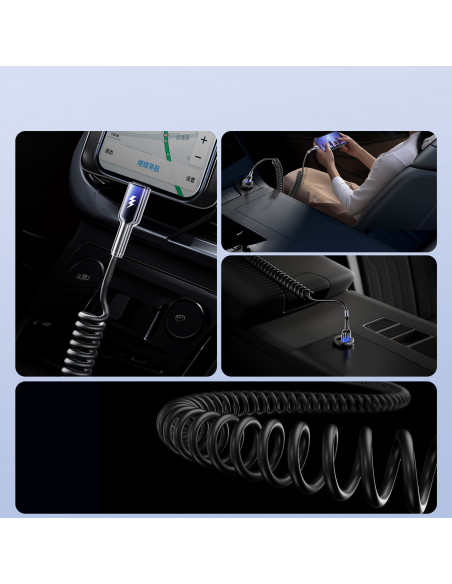 
USB-A spiralinis kabelis – iPhone Lightning Crystal-Clear serijos 3A 1,5 m – juodas
