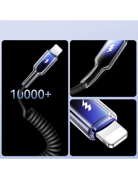 
USB-A spiralinis kabelis – iPhone Lightning Crystal-Clear serijos 3A 1,5 m – juodas
