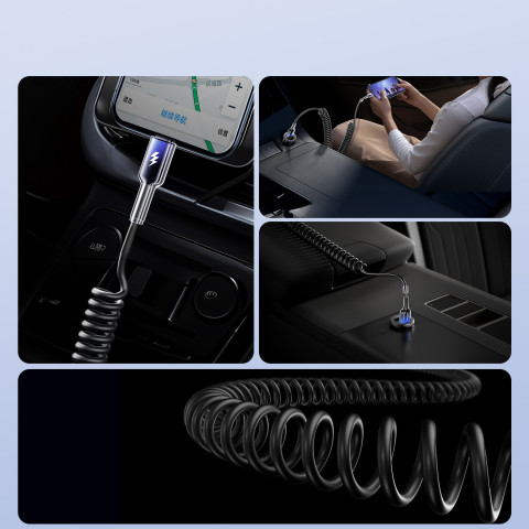 
USB-A - USB-C Crystal-Clear serijos 3A spiralinis kabelis 1,5 m - juodas
