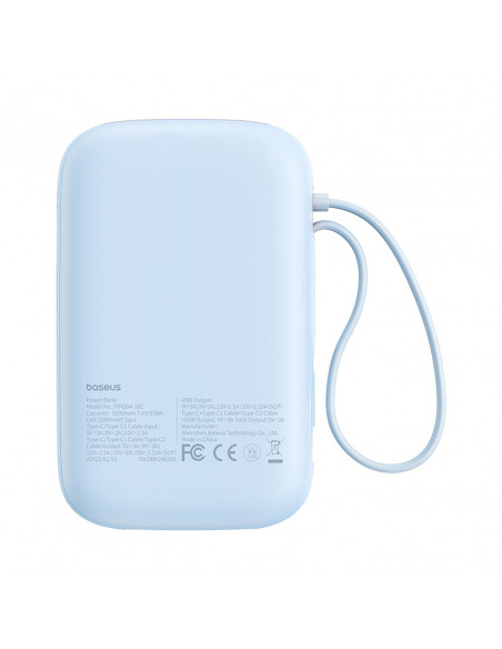 
„QPow 2“ 30 W 10000 mAh išorinė baterija su įmontuotais USB-C laidais – mėlyna
