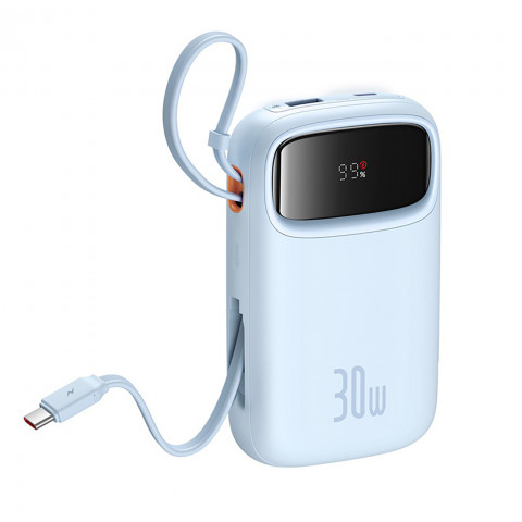 
„QPow 2“ 30 W 10000 mAh išorinė baterija su įmontuotais USB-C laidais – mėlyna
