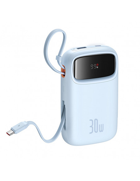 
„QPow 2“ 30 W 10000 mAh išorinė baterija su įmontuotais USB-C laidais – mėlyna
