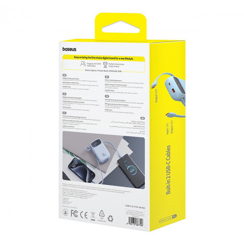 
„QPow 2“ 30 W 10000 mAh išorinė baterija su įmontuotais USB-C laidais – mėlyna
