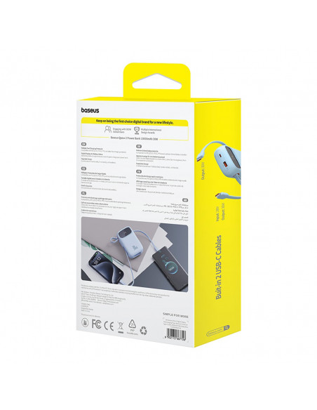 
„QPow 2“ 30 W 10000 mAh išorinė baterija su įmontuotais USB-C laidais – mėlyna
