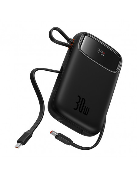 
„QPow 2“ 30 W 10000 mAh išorinė baterija su integruotais USB-C laidais – juoda
