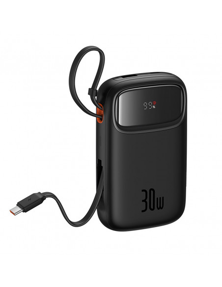 
„QPow 2“ 30 W 10000 mAh išorinė baterija su integruotais USB-C laidais – juoda
