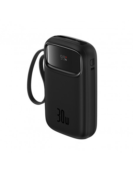 
„QPow 2“ 30 W 10000 mAh išorinė baterija su integruotais USB-C laidais – juoda
