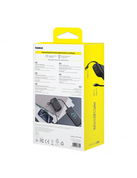 
„QPow 2“ 30 W 10000 mAh išorinė baterija su integruotais USB-C laidais – juoda
