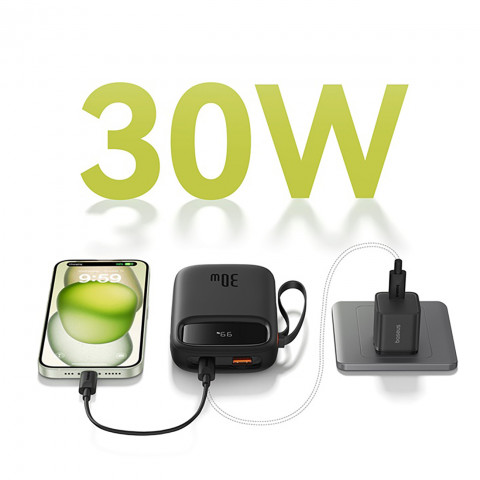 
„QPow 2“ 30 W 10000 mAh išorinė baterija su integruotais USB-C laidais – juoda
