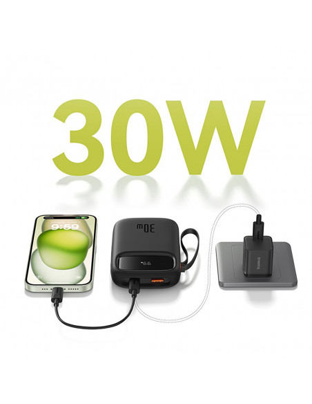 
„QPow 2“ 30 W 10000 mAh išorinė baterija su integruotais USB-C laidais – juoda
