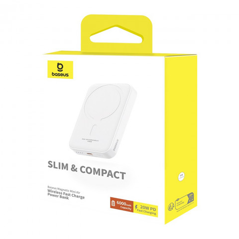 
6000mAh nešiojamas įkroviklis „Magnetic Mini Air 20W“ su USB-C laidu – baltas
