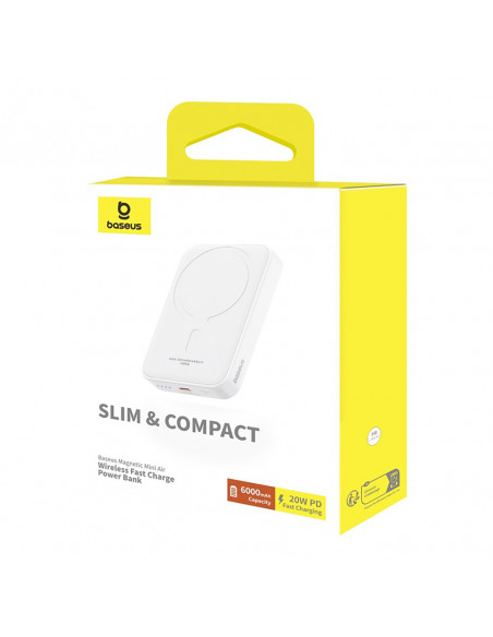 
6000mAh nešiojamas įkroviklis „Magnetic Mini Air 20W“ su USB-C laidu – baltas
