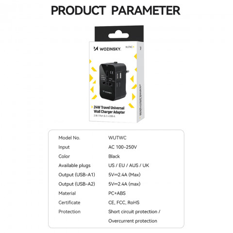 
Universalus kelioninis adapteris, 24 W, EU / US / AUS / UK / 2 x USB-A, juodas
