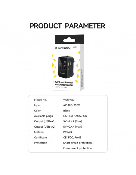 
Universalus kelioninis adapteris, 24 W, EU / US / AUS / UK / 2 x USB-A, juodas
