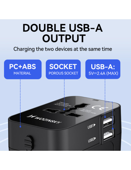 
Universalus kelioninis adapteris, 24 W, EU / US / AUS / UK / 2 x USB-A, juodas
