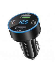 
Automobilinis įkroviklis su ekranu, 50 W, 2 USB-C ir 2 USB-A – juodas
