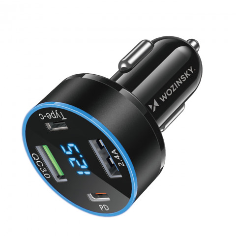 
Automobilinis įkroviklis su ekranu, 50 W, 2 USB-C ir 2 USB-A – juodas
