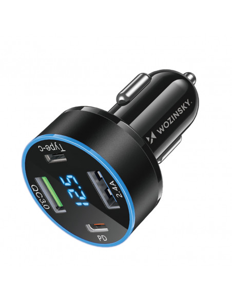 
Automobilinis įkroviklis su ekranu, 50 W, 2 USB-C ir 2 USB-A – juodas
