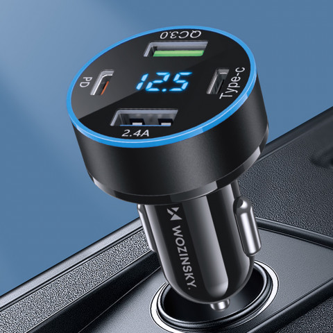 
Automobilinis įkroviklis su ekranu, 50 W, 2 USB-C ir 2 USB-A – juodas
