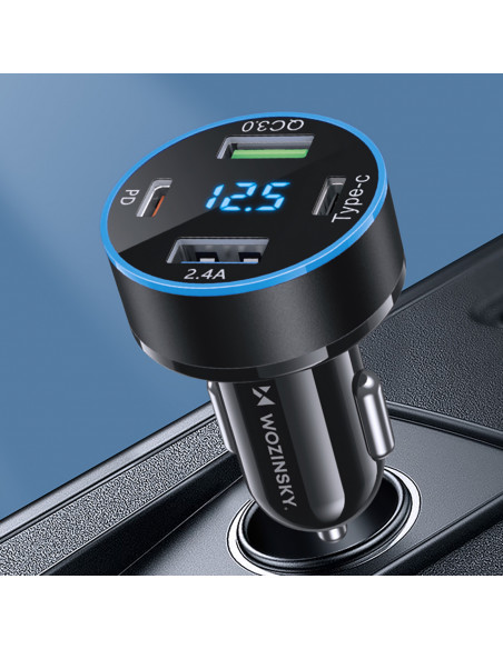 
Automobilinis įkroviklis su ekranu, 50 W, 2 USB-C ir 2 USB-A – juodas
