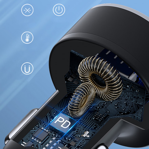 
Automobilinis įkroviklis su ekranu, 50 W, 2 USB-C ir 2 USB-A – juodas
