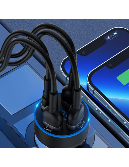 
Automobilinis įkroviklis su ekranu, 50 W, 2 USB-C ir 2 USB-A – juodas
