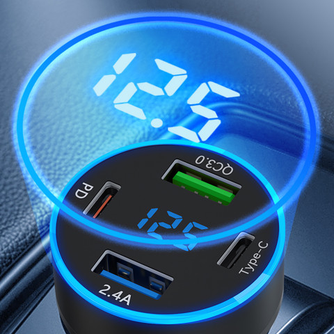 
Automobilinis įkroviklis su ekranu, 50 W, 2 USB-C ir 2 USB-A – juodas
