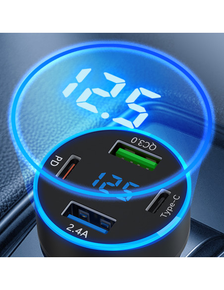 
Automobilinis įkroviklis su ekranu, 50 W, 2 USB-C ir 2 USB-A – juodas
