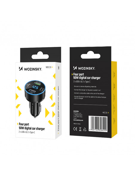 
Automobilinis įkroviklis su ekranu, 50 W, 2 USB-C ir 2 USB-A – juodas
