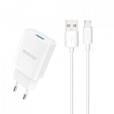 
USB-A 2.1A sieninis įkroviklis + USB-A - microUSB laidas - baltas
