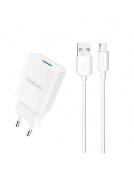 
USB-A 2.1A sieninis įkroviklis + USB-A - microUSB laidas - baltas
