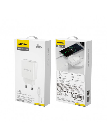 
USB-A 2.1A sieninis įkroviklis + USB-A - microUSB laidas - baltas
