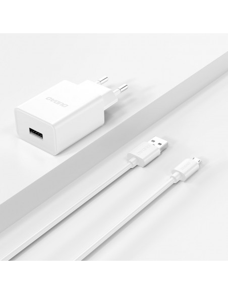 
USB-A 2.1A sieninis įkroviklis + USB-A - microUSB laidas - baltas
