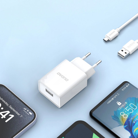 
USB-A 2.1A sieninis įkroviklis + USB-A - microUSB laidas - baltas
