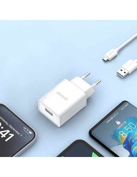 
USB-A 2.1A sieninis įkroviklis + USB-A - microUSB laidas - baltas
