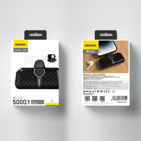 
Mini išorinė baterija, 5000 mAh, skirta „iPhone“ su „Lightning“ ir USB-C laidu, juoda
