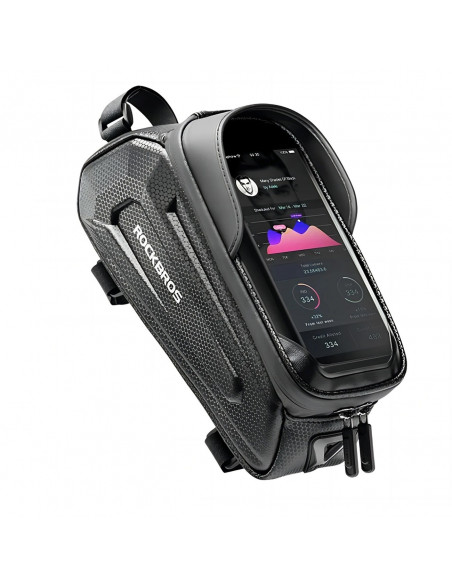 
Šarvuotas dviračio rėmo krepšys su kišene telefonui ir navigacijai, 1,7 l – juodas
