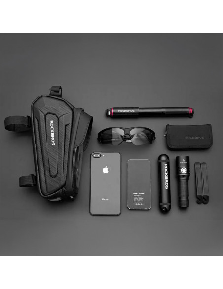 
Šarvuotas dviračio rėmo krepšys su kišene telefonui ir navigacijai, 1,7 l – juodas
