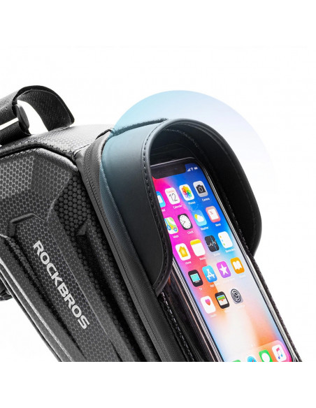 
Šarvuotas dviračio rėmo krepšys su kišene telefonui ir navigacijai, 1,7 l – juodas
