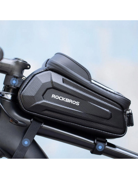 
Šarvuotas dviračio rėmo krepšys su kišene telefonui ir navigacijai, 1,7 l – juodas
