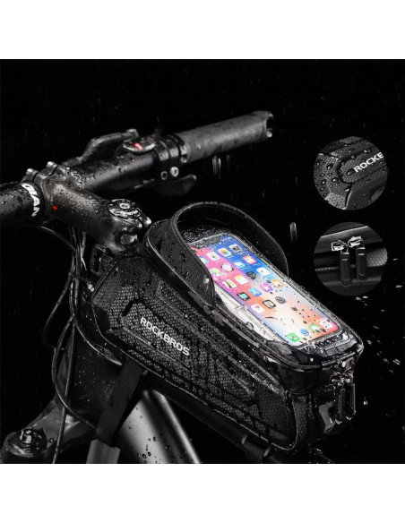 
Šarvuotas dviračio rėmo krepšys su kišene telefonui ir navigacijos sistema, 1,7 l + dangtelis - juodas
