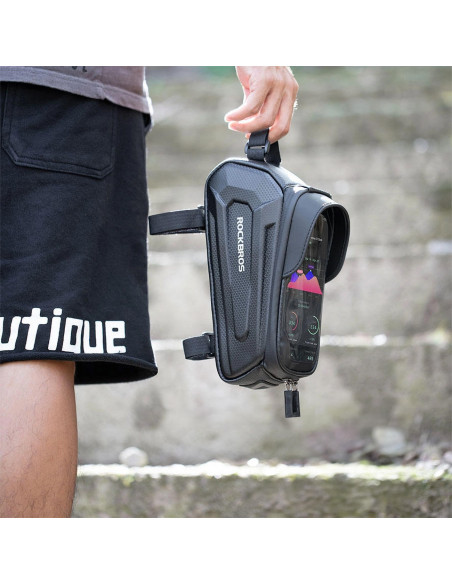 
Šarvuotas dviračio rėmo krepšys su kišene telefonui ir navigacijos sistema, 1,7 l + dangtelis - juodas
