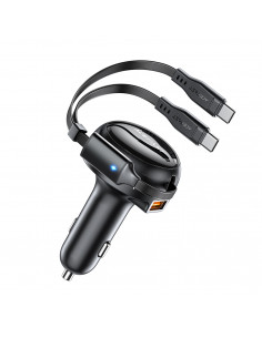 
B13 53W USB-A automobilinis įkroviklis + 2 USB-C ištraukiami laidai – juodas
