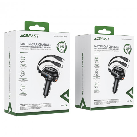 
B13 53W USB-A automobilinis įkroviklis + 2 USB-C ištraukiami laidai – juodas
