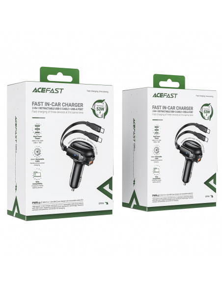 
B13 53W USB-A automobilinis įkroviklis + 2 USB-C ištraukiami laidai – juodas
