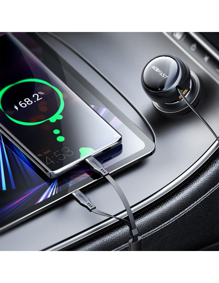 
B13 53W USB-A automobilinis įkroviklis + 2 USB-C ištraukiami laidai – juodas
