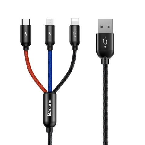 
3in1 laidas USB-A - micro USB / iPhone Lightning / USB-C 3.5A 0.3m - juodas
