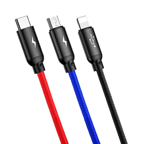 
3in1 laidas USB-A - micro USB / iPhone Lightning / USB-C 3.5A 0.3m - juodas
