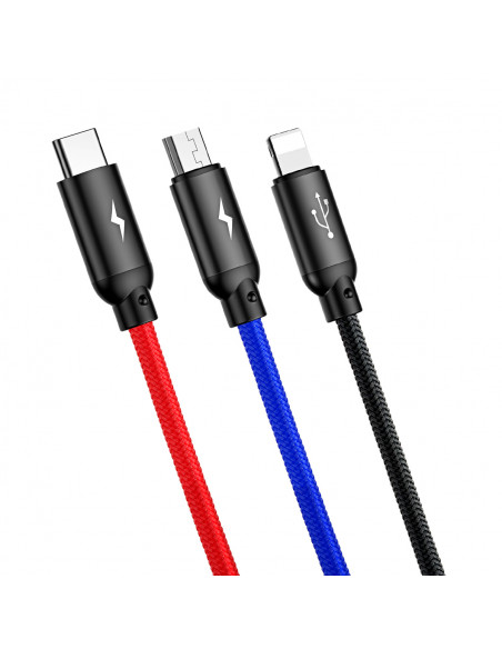 
3in1 laidas USB-A - micro USB / iPhone Lightning / USB-C 3.5A 0.3m - juodas
