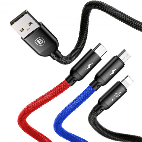 
3in1 laidas USB-A - micro USB / iPhone Lightning / USB-C 3.5A 0.3m - juodas
